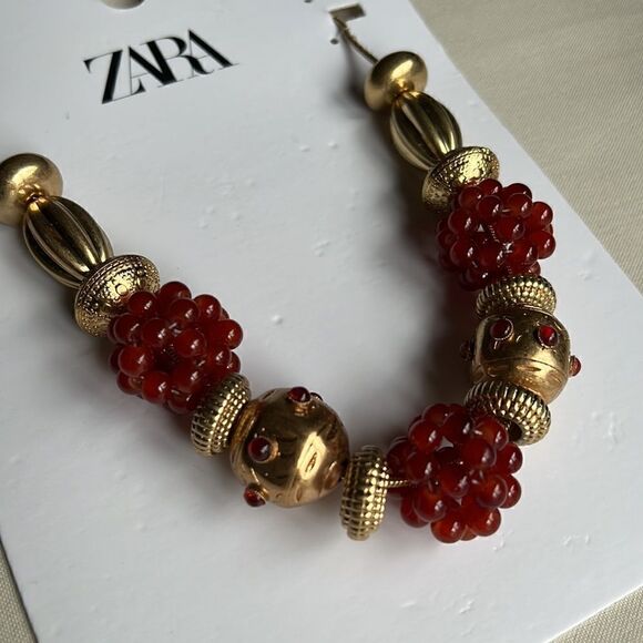 Zara Combination Bead and Stone Necklace Red and Gold - Picture 8 of 11